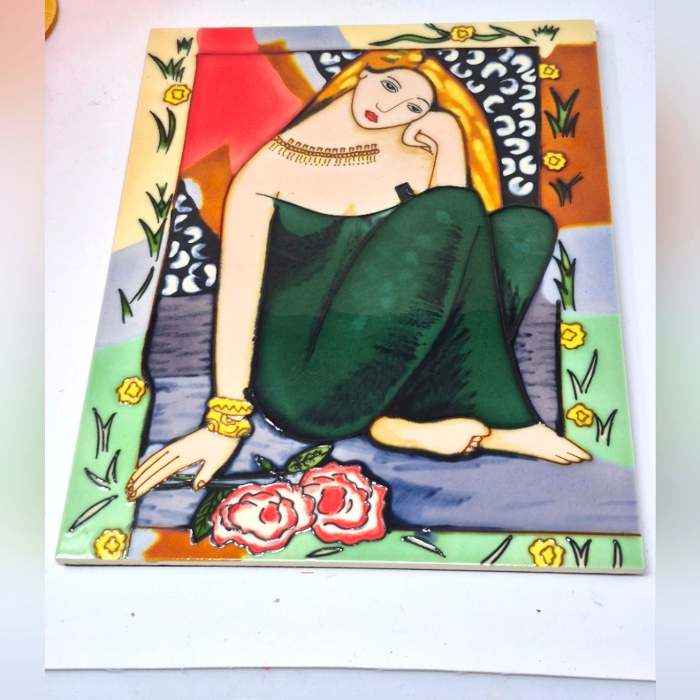 Elegant Lady With Flowers Ceramic Wall Tile Art Peice